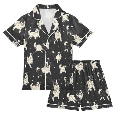 ALAZA Black White Dog Puppy Satin Pajamas Set Short Sleeve Button Down Sleepwear Summer Pjs 2 Piece