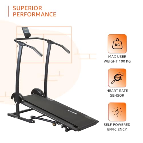 Image of amazon basics Smart Foldable Manual Treadmill with Wheels, 3 Level Incline, LCD Display with Heart Sensors, Max User Weight 100 Kg, Black