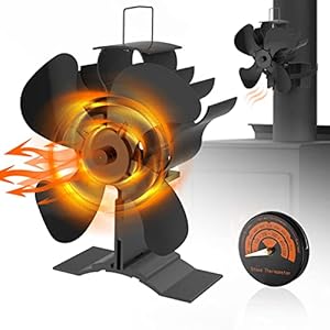 VAZILLIO Stove Fan 2 in 1 4 Blades Heat Powered Log Burner Fan with Thermometer Wood Burner Fans Eco Friendly Heat…