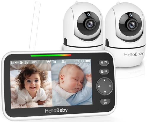 HelloBaby Baby Monitor with 2 Cameras and Night Vision 5 Split Screen Dual Baby Monitor with 30-Hour Battery Pan-Tilt-Zoom Video Baby Monitors No WiFi ECO 2-Way Audio 8 Lullabies 1000ft Range