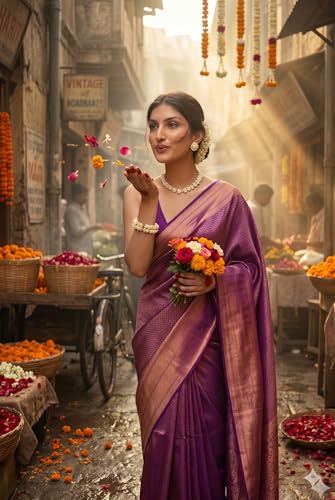 Image of Flosive Purple Color Banarasi Saree for Women with Rich Pallu & Contrast Border