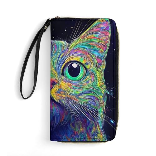 Travel Slim Wallet for Women, Large Capacity Credit Card Holder Colorful Trippy Cat Purse Pu Leather Waterproof Long Wallet
