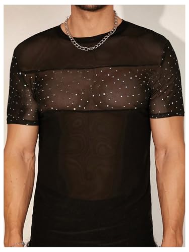 SweatyRocks Men's Rhinestone Sheer Mesh Short Sleeve Crew Neck T Shirts Party Tops4