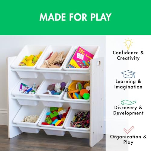 Image of Humble Crew Toy Storage Organizer with 9 Removable Storage Bins for Kids Playroom, 3-Tier Toddler Toy Organization, Light Wood /White