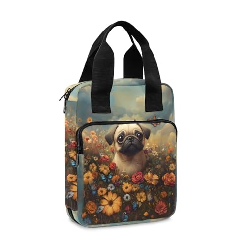 Talayituse Pug Dog Butterfly Flower Print Bible Cover for Women Men Bible Case Carrying Book Organizer Zipper Tote Bible Bag with Handle Pocket Bible Protective Holder3