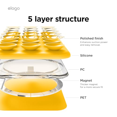 Image of elago Magnetic Suction Cup Phone Mount for iPhone, Compatible with MagSafe | Removable, Silicone, Holder, Hands-Free Selfies, Video for TikTok, Instagram Influencer, Creator, Strong Magnetism (Sunshine)