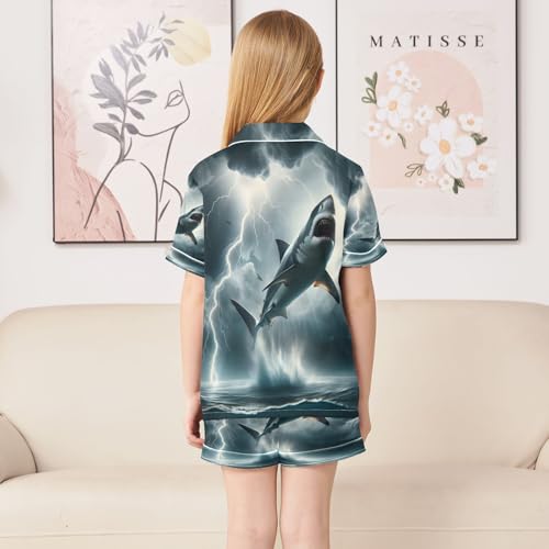 ALAZA Shark Thunderstorm Ocean Cloud Satin Pajamas Set Short Sleeve Button Down Sleepwear Summer Pjs 2 Piece4