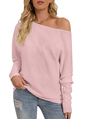 Pullover Damen Schulterfrei Oberteile Off Shoulder Shirts Casual Sweatshirt Fledermausärmel Langarm Shirts(Rosa,M) Cover