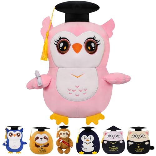 Graduation Plush Owl Stuffed Animal - 2026 Graduation Gift Pink Owl Plush with Soft 3D Cap Diploma Congrats Grad Plush Toy for Kindergarten School College Graduate Kids Teen Girl Women 9 Inch