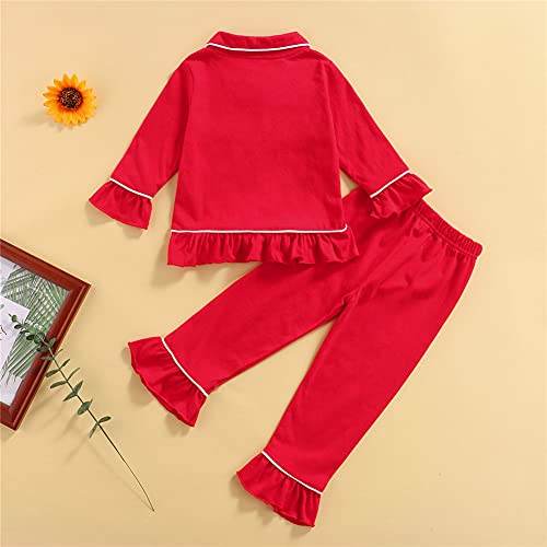 Ayalinggo Toddler Kids Baby Girl Solid Pjs Ruffle Long Sleeve Button Shirt Top And Pants Cotton 2Piece Pajamas Set (Red, 18-24 Months) #TOP4