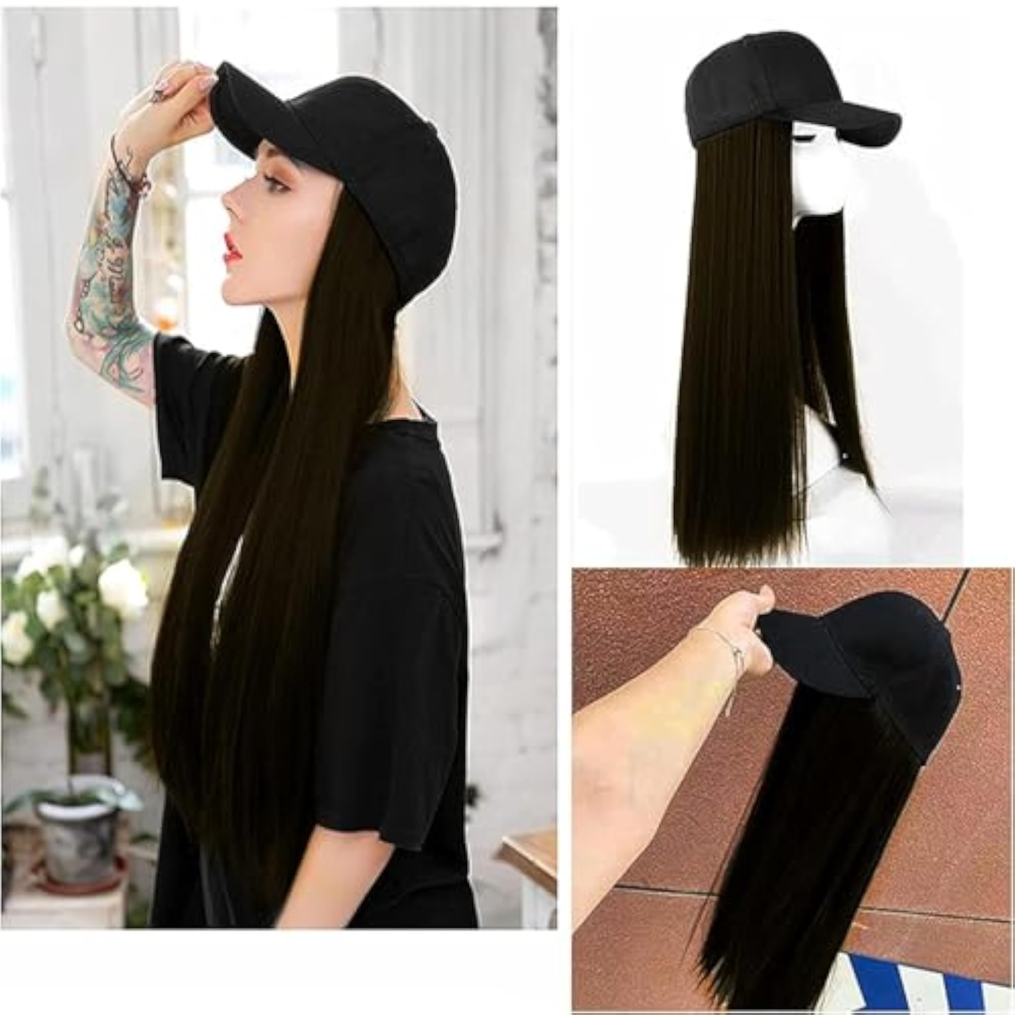 Unique Cap with Attached Hair Extension in Natural Black
