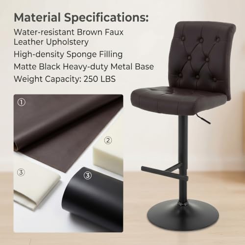 Butaco ajustable giratorio de 360° para barra y isla de cocina, color marrón oscuro, con reposapiés en forma de T y capacidad de 250 lb miniatura 6