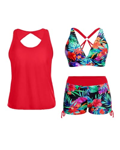 Image of Yonique 3 Piece Tankini Swimsuits for Women Swim Tank Top Bathing Suits with Boy Shorts and Bra Athletic Swimwear
