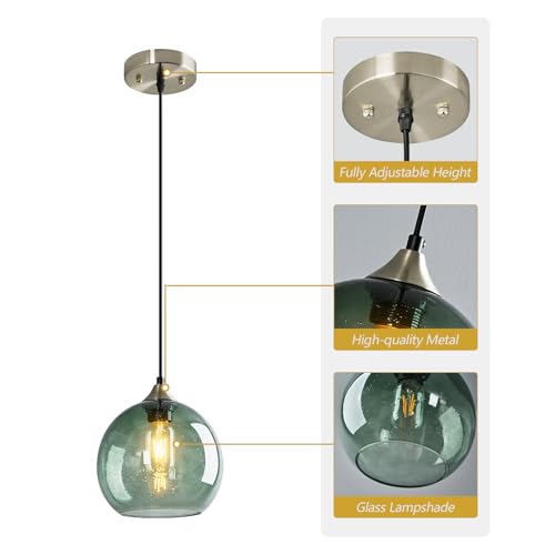 Image of Gray Green Glass Pendant Lights Kitchen Island Lighting Globe Pendant Light Fixtures Modern Pendant Lighting for Bedroom Living Dining Room Light Fixture(7.87in, 2 Pack)