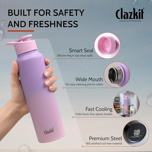 Image of Clazkit Dual Colored Stainless Steel Water Bottle |ISI Certified Leakproof, Durable for School Kids, Fridge, Sports, Gym, Yoga & Office - Easy to Clean & Reusable-1000ml - Pink