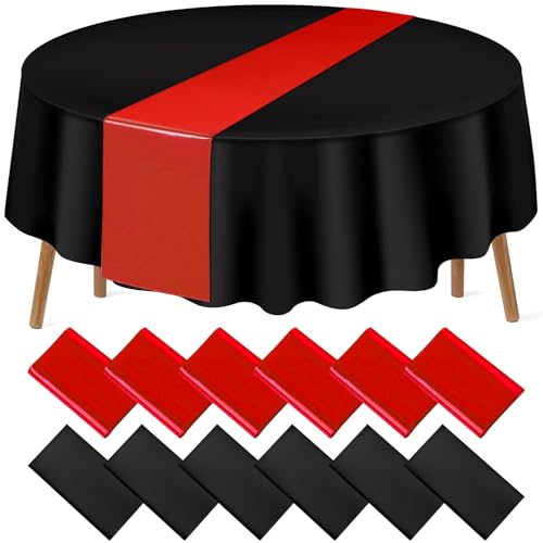 Image of 12Pack 12x108 Inch Satin Table Runner and 84 Inch Round Plastic Tablecloths Set Black and Red Disposable Round Table Cover for Graduation Wedding Bridal Shower Anniversary Birthday Party Decorations