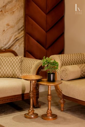 Image of Little eXtra Handcrafted Solid Wood Round Side Table with Brass Base | Wooden Accent Table for Living Room, Bedroom & Sofa Corner | Wood End Table