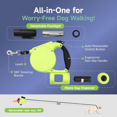 MidingChai Hundeleine 5M mit Licht & Kotbeutel Set,Rollleine Hunde Leine für Mittelgroße & Große Hunde (15-50kg),EIN-Knopf-Steuerung & 360°Verwicklungsfrei,Leine Hund für Training und Spaziergänge