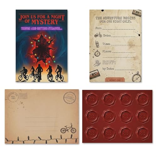 Amcisi 36 Pcs Stranger Theme Party Invitations Set - 12 Birthday Party Invitation Cards 12 Envelopes and 12 Stickers for Mystery Things Theme Birthday Party Supplies