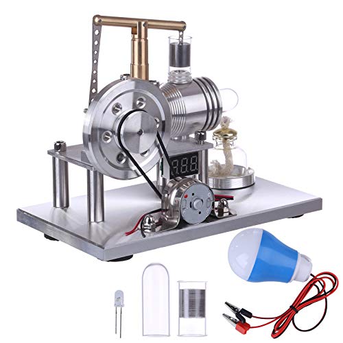 Stirling Engine ENJOMOR Custom Balance Beam Style Hot Air External Combustion Stirling Engine Kit with Voltage Digital Display Meter and LED Bulb Scientific Experiment Education Model
