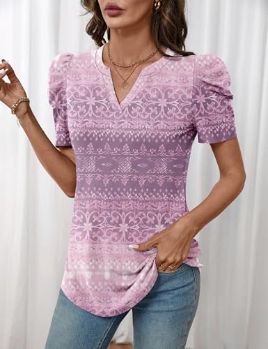 Image of LOMON Spring Summer Tops for Women 2026 V Neck Puff Short Sleeve Tops Fashion Trendy Work Blouses Dressy Casual S-XXL