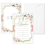 Bautizo Invitation For Girls, Pink Floral Baptism Invitations With Envelopes, Christian Invites For Baptismal First Communion Religious Christening Naming Ceremony Baby Shower, 25 Cards -c08