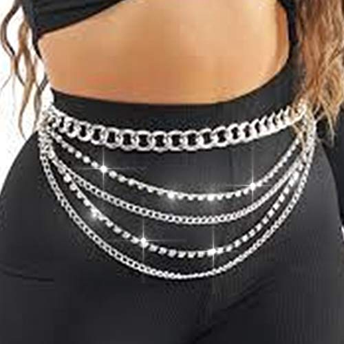 Bodiy Multilayer Waist Chain Belt Silver Cuban Crystal Sparkly Belly Chains Rave Body Jewelry Accessories for Women and Girls