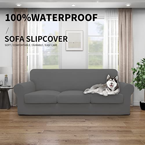 Image of Easy-Going Waterproof 4 Pieces Stretch Couch Cover for 3 Cushion Gray | 100% Dual Waterproof Sofa Slipcover for 3 Separate Cushion Couch Leakproof Furniture Protector for Kids, Pets