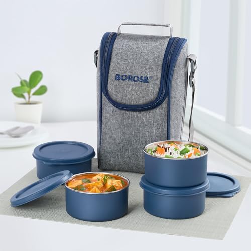 Image of Borosil Carrymore Microwavable Stainless Steel Lunchbox with Bag | 300ml x 4 pc Round Container Set | Tiffin with Food Grade Steel | Vertical | 1 Year Warranty
