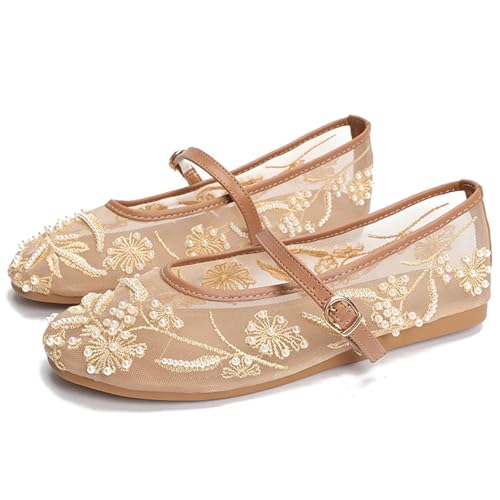 LUXMAX Mesh Embroidered Flats for Women Leopard Mary Jane Flats Ballet Shoes Round Toe Slip On Ballerina Floral Shoes