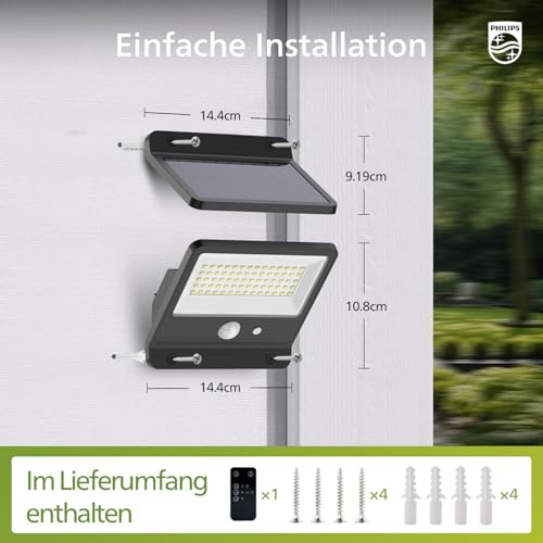 Philips Solarlampen für Außen 6500K LED, Solarbetriebener Fluter mit PIR-Bewegungsmelder, Fernbedienung mit 5m Kabel, IP65 Wasserdicht, 3 Modi (2 Stück)