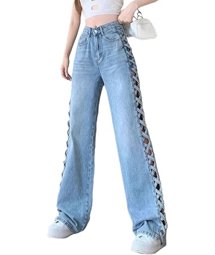SEMATOMALA Women's Side Criss Cross Hollow Out Denim Pants High Waisted Straight Leg Y2K Jean Pants