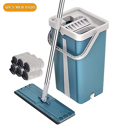 AnraM Wischmopp/flacher Bodenwischer Freisprecheinrichtung Reinigung im Büro mit flachem Mopp und Eimer-Set zum Trennen von schmutzigem und sauberem Wasser Mikrofaser 6 Pads Bodenreinigungssystem – Bild 3