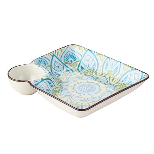 RISHORI 2 Piece 7.1 Inch Square Snack Dumpling Plate with Sauce Plate, Bohemian Style, Underglaze Ceramic Household Tableware,Blue