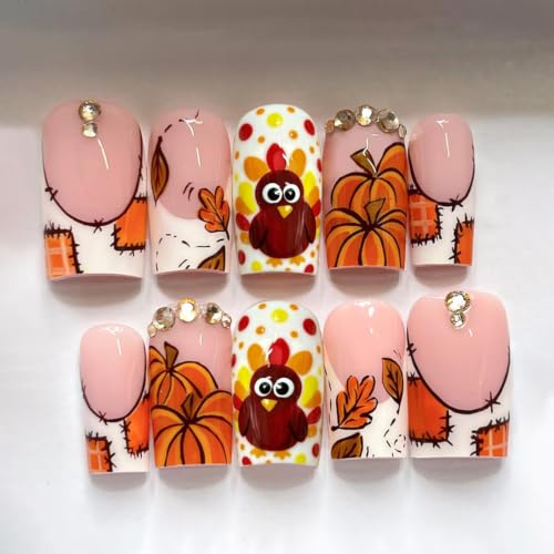 24Pcs Thanksgiving Press On Nails Medium Square French Tip Fake Nails