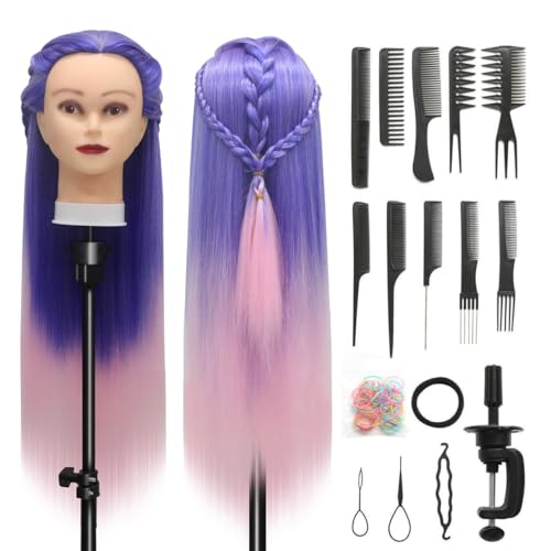 Cabeza Peluqueria, 28 inch 100% Sintético Cabeza Peluqueria Cabeza Maniqui peluqueria con Soporte + Accesorios de Peinado DIY (Azul Rosa)