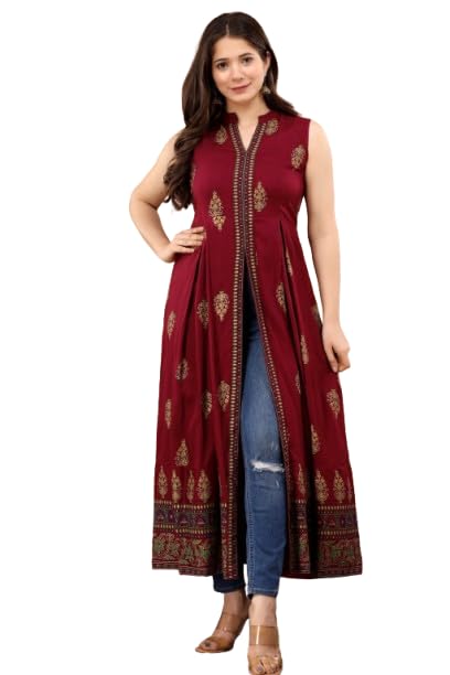 Women's Navy Blue Printed Sleeveless Anarkali Kurti, Long Front Slit, Traditional Design, Ethnic Wear-image-16