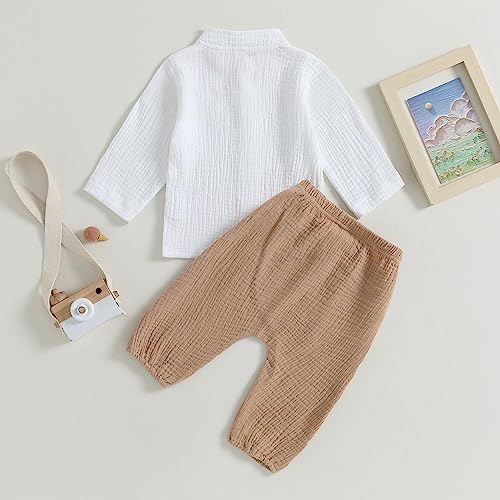 Image of VISGOGO Toddler Boy Linen Outfit Baby Boy Fall Winter Clothes Set Button-Down Shirt Tops Cotton Linen Pants 2PCS