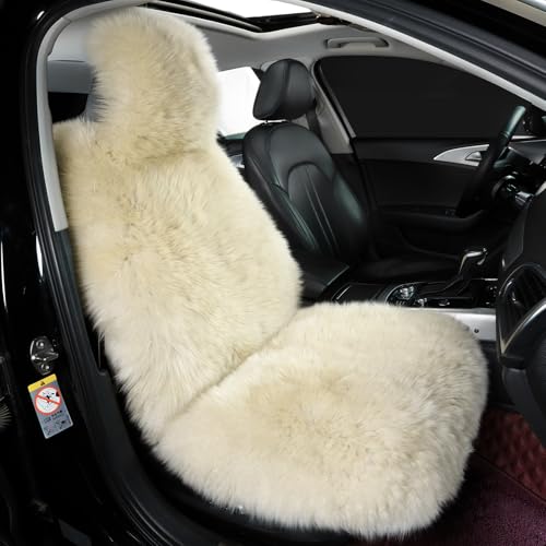 OGLAND Fluffy Sheepskin Car Seat Cover-Fuzzy Fur Auto Cushion for Universal Automotive Protector (Linen Color 1 Pcs Front Seat Cover)