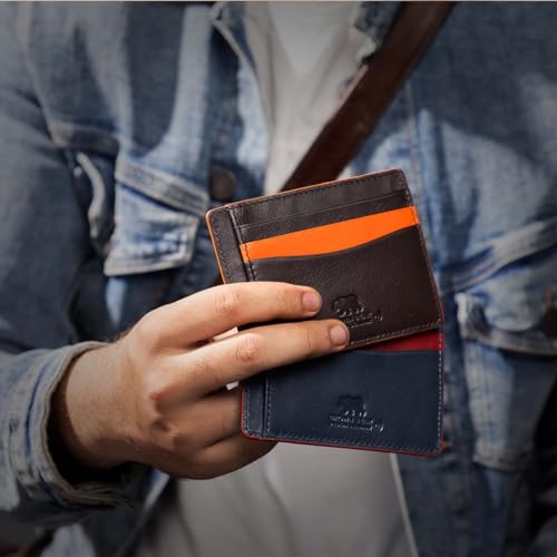 Image of BROWN BEAR Premium Branded Men's Card Holder - Stylish, RFID Leather Card Holder (Blue /Red)