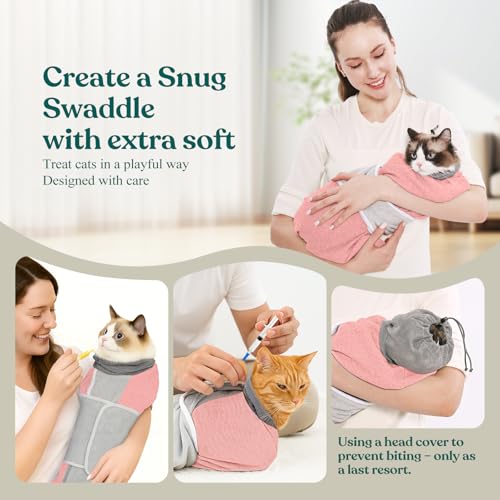 Image of Supet Cat Grooming Wrap for Cutting Nails, Self-Adhesive Calm Cat Swaddle | Bite-Proof Mesh Hood & Thick Waist Strap Anti-Escape Anti-Scratch Bag for Nail Trimming, Medication, Ear Cleaning (Pink S)