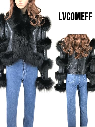 LVCOMEFF Women Sheep Leather Cropped Jacket Bolero Top Coat Motorcycle Jacket With Fox Fur Layer Long Sleeve Python Pattern2
