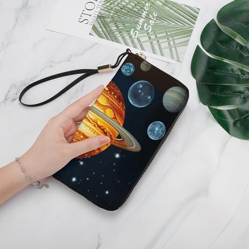 Glow in The Dark Solar System Planet Ladies' Leather Wallet With Hand Strap Slim Vertical Purse Wallets Card Case Long Zip Around Long Wallet Credit Cards Holder Phone Clutch4