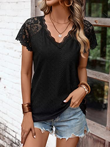 SweatyRocks Women's Floral Lace Short Sleeve Raglan Top Casual V Neck Pullover Plain Tee Shirt3
