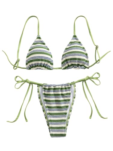 Image of GORGLITTER Women's Striped High Waisted Bikini Sets Cute Cheeky Triangle String Thong Swimsuit Bathing Suit 2 Piece