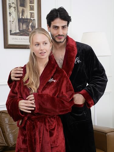Jecery 2 Pack His and Hers Robes Gifts Hubby Wifey Flannel Embroidered Matching Robes Anniversary Wedding Gifts for Couples4