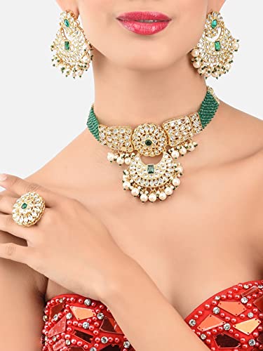 Women's Crystal Bridal Kundan Choker Necklace Earring & Ring Set