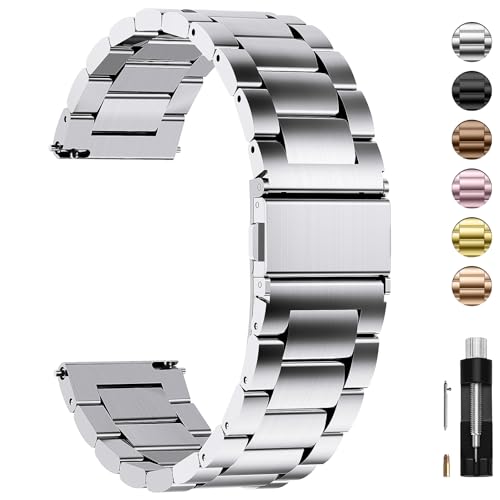Fullmosa Edelstahl Uhrenarmband 16mm 18mm 19mm 20mm 22mm 24mm für Uhr und Smartwatches| Wechsel Ersatz Metallarmband mit Schnellverschluss für Damen&Herren, 20mm Silber