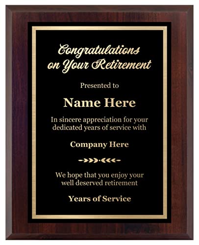 Customized Retirement Plaque Award – Laser Engraved Personalized Gift – Choose Your Size – Customize Now! (8x10)