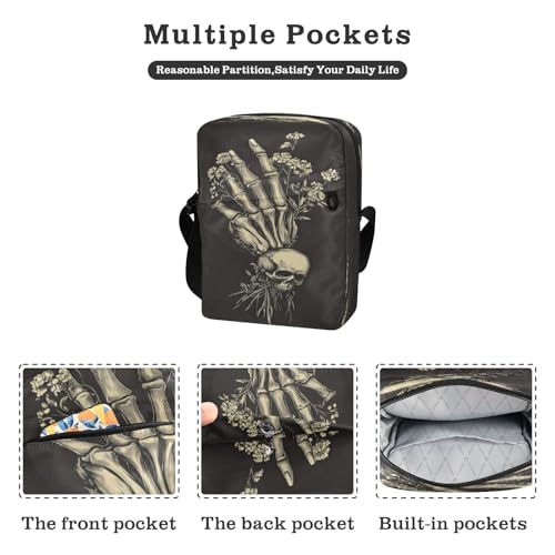Crossbody Bag Gothic Skull Skeleton Hand Flower Messenger Bag for Women Men Purse Shoulder Bag Satchel Bag with Adjustable Strap 214B94122